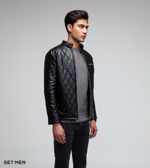 کاپشن چرم لوزی جیب زیپ دار