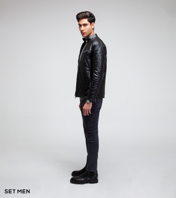 کاپشن چرم لوزی جیب زیپ دار