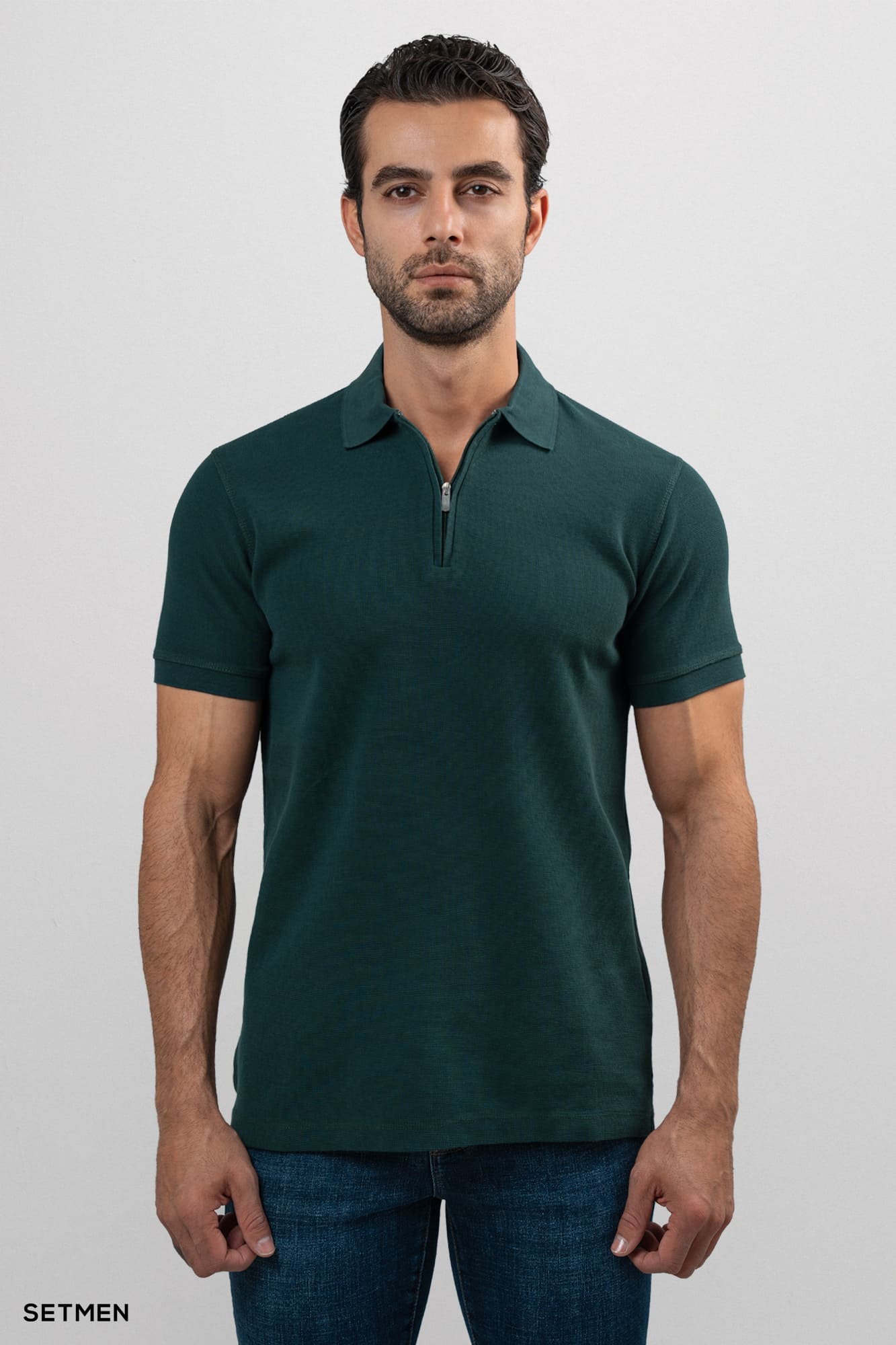 تیشرت یقه نیم زیپ سوزنی ساده