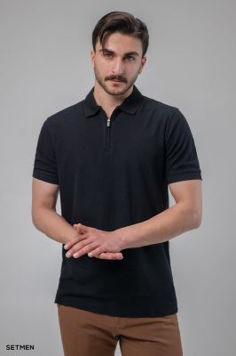 تیشرت یقه دار نیم زیپ ژاکارد اولد مانی